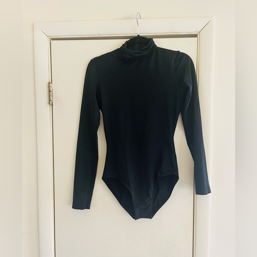 Vtg 70s Balletcore minimalist French Noir Mod Black turtleneck bodysuit Xs/S